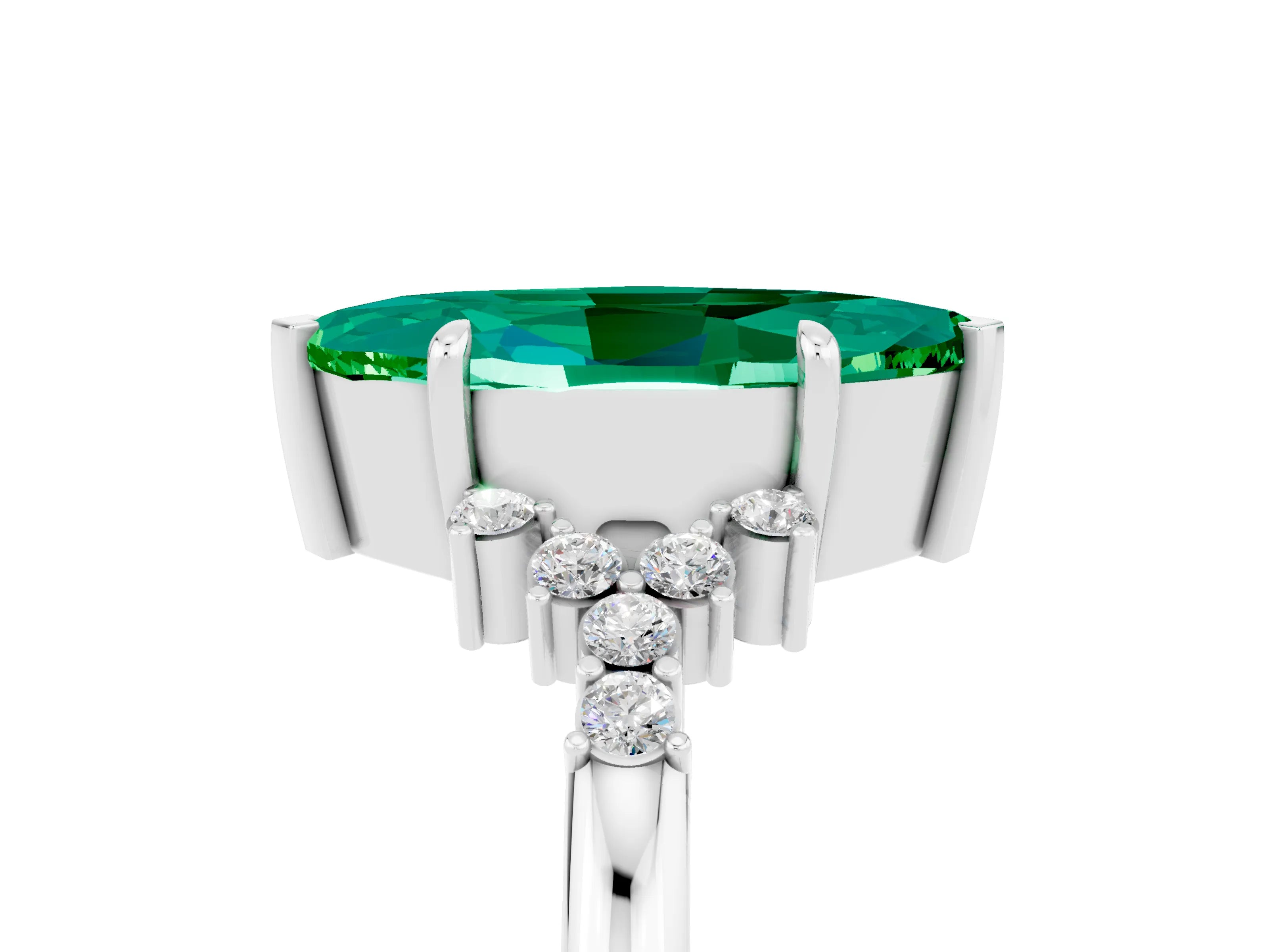 White gold Marquise Cut Emerald Ring with Side Stones and Four-Prong Setting_77