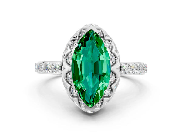 Platinum Marquise Cut Emerald Scalloped Halo Engagement Ring with Round Shared Prong Band