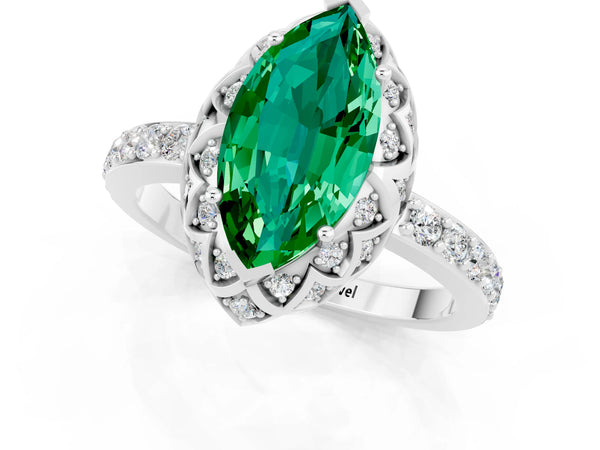 Platinum Marquise Cut Emerald Scalloped Halo Engagement Ring with Round Shared Prong Band