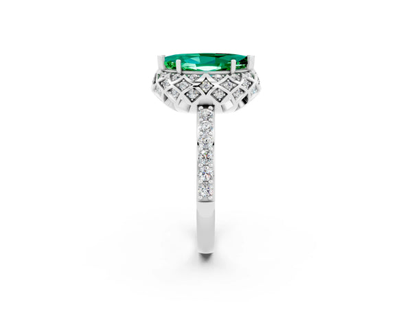 Platinum Marquise Cut Emerald Scalloped Halo Engagement Ring with Round Shared Prong Band