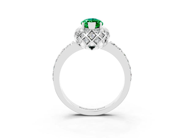 Platinum Marquise Cut Emerald Scalloped Halo Engagement Ring with Round Shared Prong Band