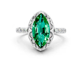 White gold Marquise Cut Emerald Scalloped Halo Engagement Ring with Round Shared Prong Band_24