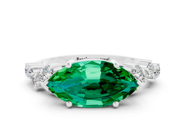 White gold Marquise Cut Emerald Scattered Round Accent Ring with Prong Setting