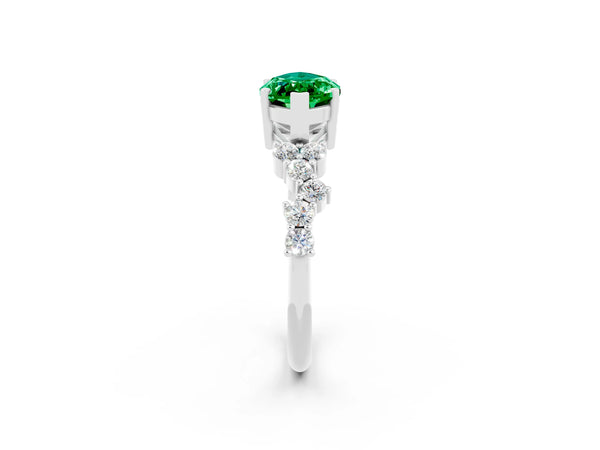 White gold Marquise Cut Emerald Scattered Round Accent Ring with Prong Setting