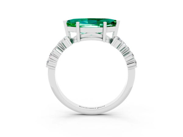 White gold Marquise Cut Emerald Scattered Round Accent Ring with Prong Setting