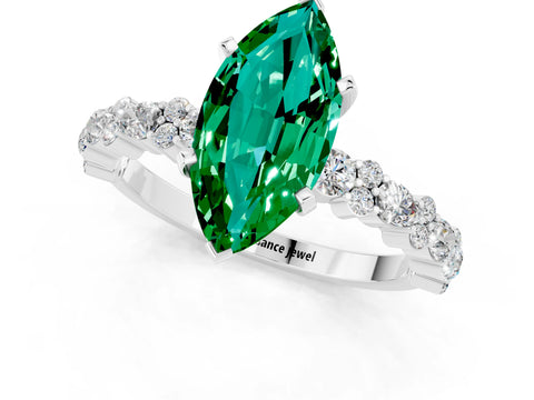 White gold Marquise Cut Emerald Side Stone Solitaire Ring with Round  and Four-Prong Setting_49