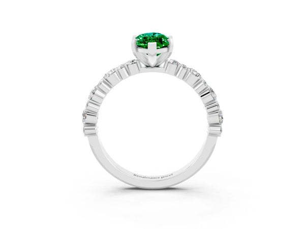 Silver Marquise Cut Emerald Side Stone Solitaire Ring with Round  and Four-Prong Setting