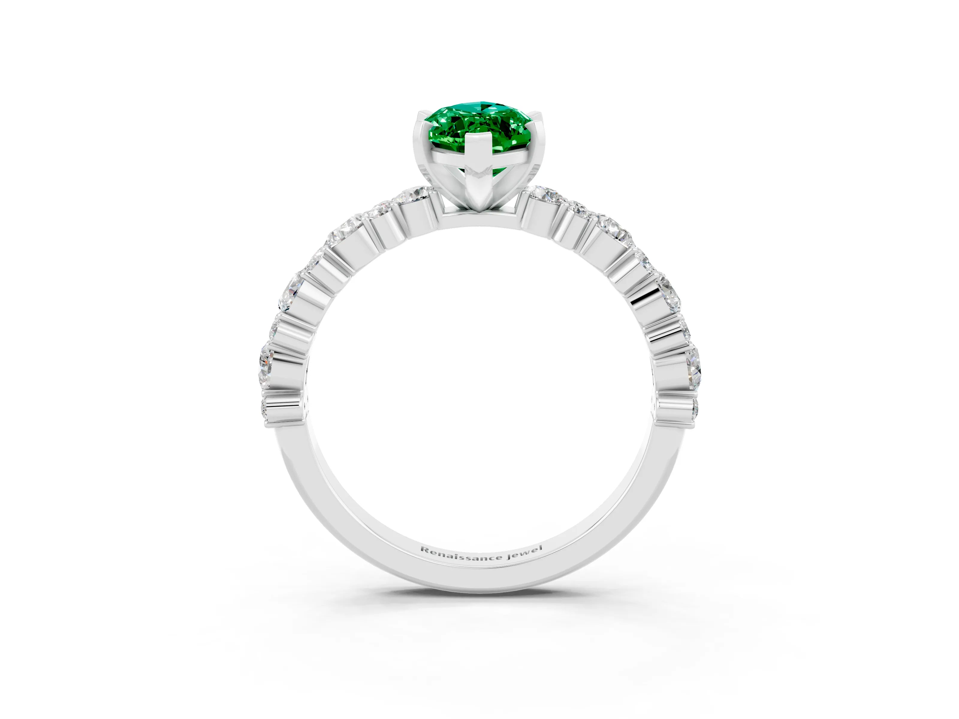 White gold Marquise Cut Emerald Side Stone Solitaire Ring with Round  and Four-Prong Setting_51
