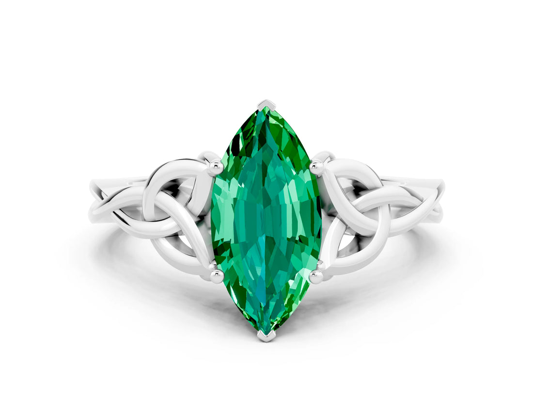 White gold Marquise Cut Emerald Solitaire Celtic Knot Ring with Four-Prong Setting_12