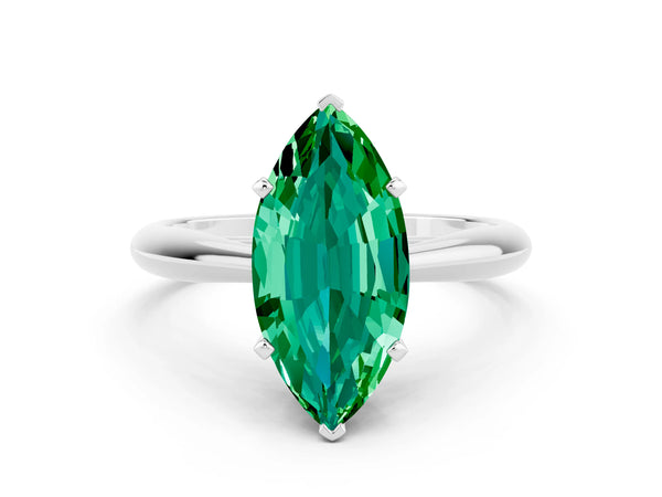 Platinum Marquise Cut Emerald Solitaire Engagement Ring with Cathedral Setting and Four-Prong Mount