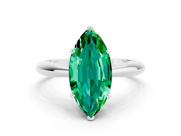 Platinum Marquise Cut Emerald Solitaire Engagement Ring with Cathedral Setting and Four-Prong Mount