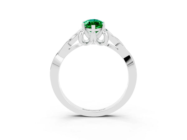 Silver Marquise Cut Emerald Solitaire Engagement Ring with Celtic Knot Band and Four-Prong Setting