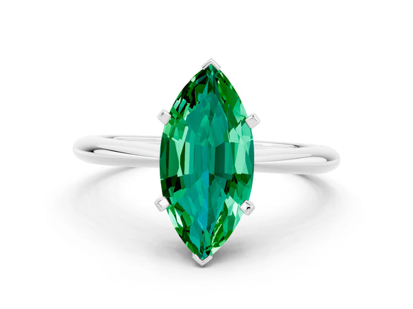White gold Marquise Cut Emerald Solitaire Engagement Ring with Classic Band and Four-Prong Setting