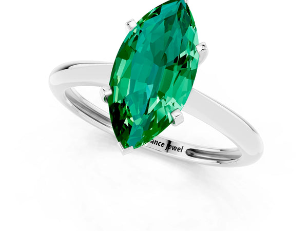 White gold Marquise Cut Emerald Solitaire Engagement Ring with Classic Band and Four-Prong Setting