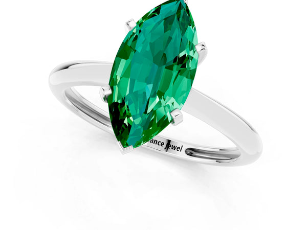 White gold Marquise Cut Emerald Solitaire Engagement Ring with Classic Band and Four-Prong Setting