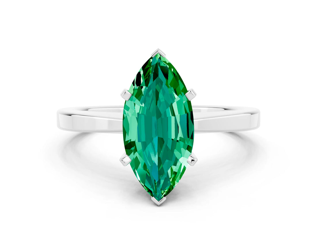 White gold Marquise Cut Emerald Solitaire Engagement Ring with Classic Band and Four-Prong Setting_36