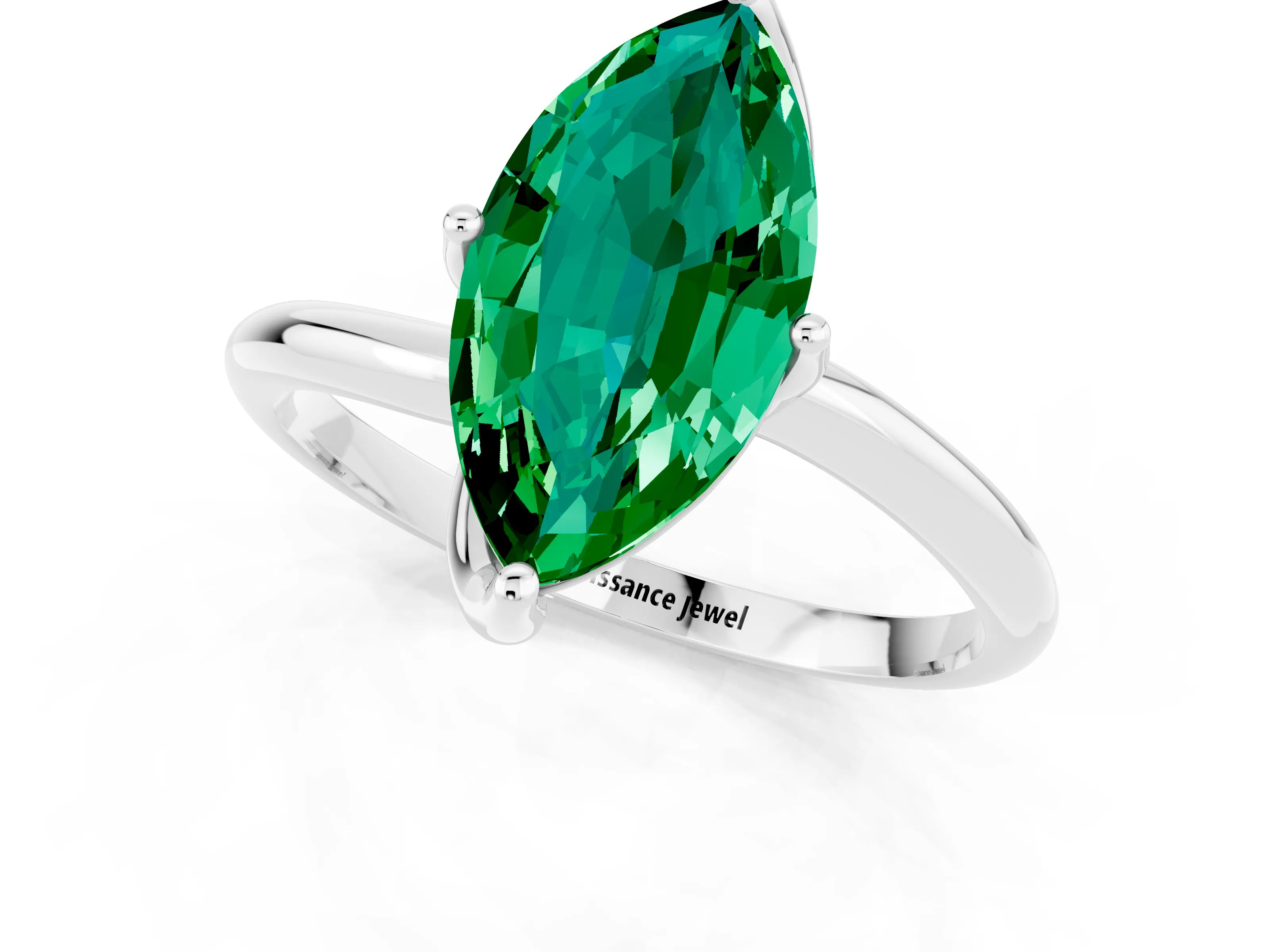 White gold Marquise Cut Emerald Solitaire Engagement Ring with Four-Prong Setting and Classic Band_13