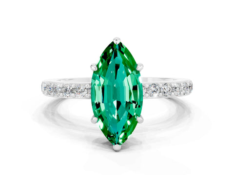 White gold Marquise Cut Emerald Solitaire Engagement Ring with Pavé Band and Four-Prong Setting