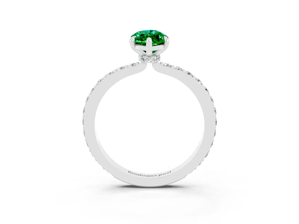 Platinum Marquise Cut Emerald Solitaire Engagement Ring with Pavé Band and Four-Prong Setting