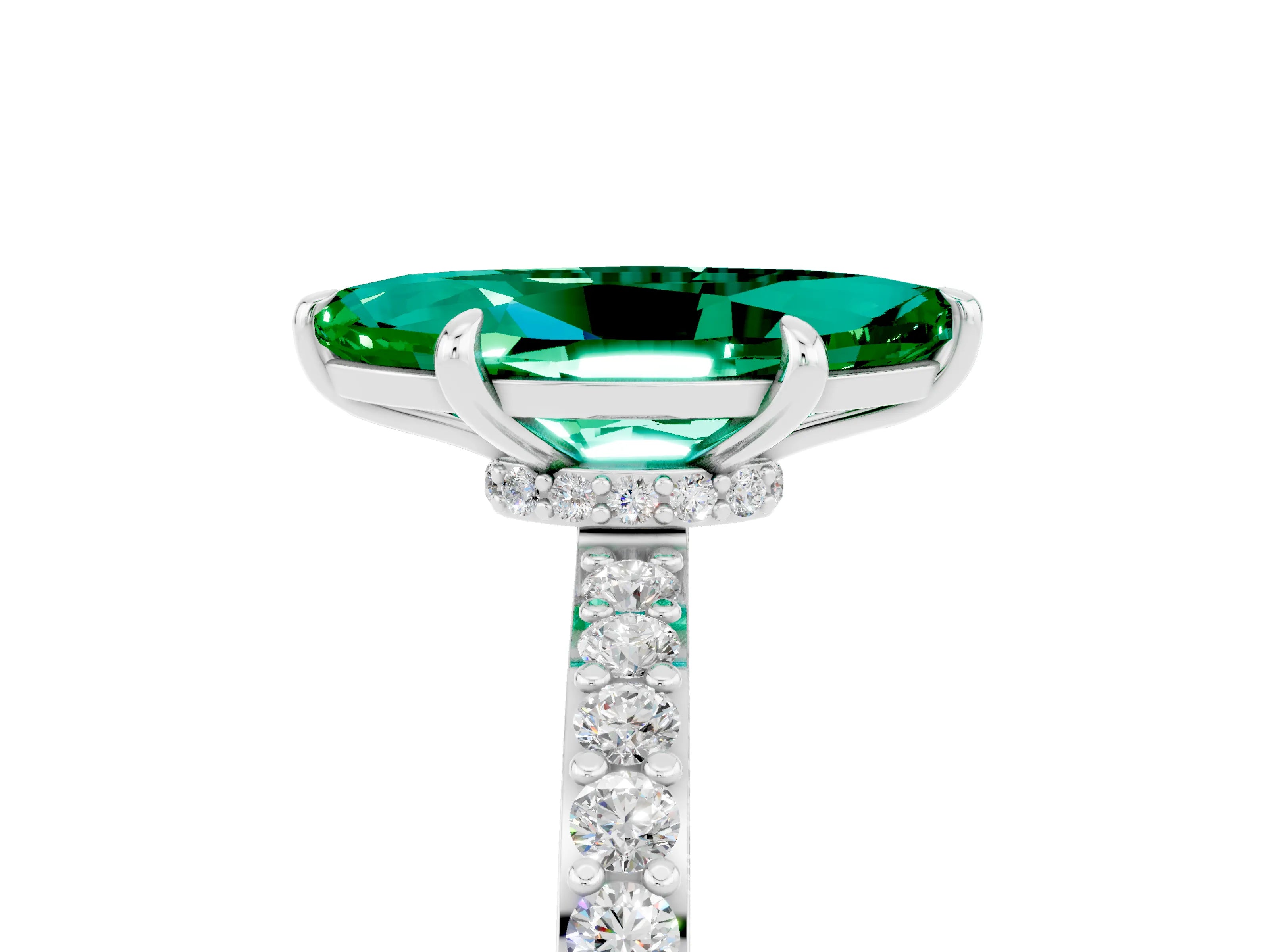 White gold Marquise Cut Emerald Solitaire Engagement Ring with Pavé Band and Four-Prong Setting_5