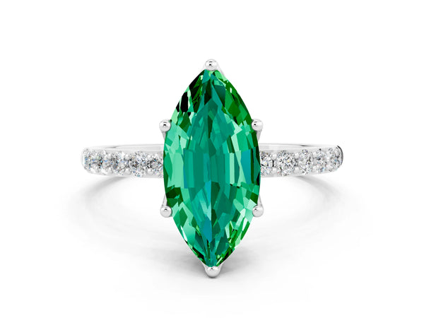 Silver Marquise Cut Emerald Solitaire Engagement Ring with Round  Pavé Band and Prong Setting