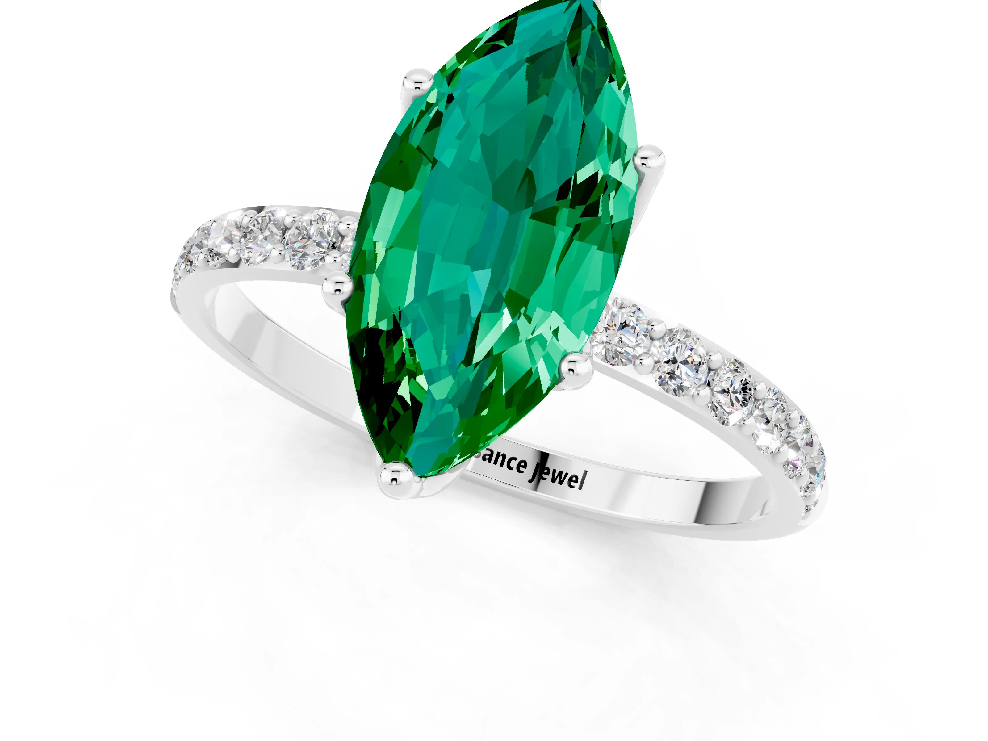 White gold Marquise Cut Emerald Solitaire Engagement Ring with Pavé Band and Prong Setting_1