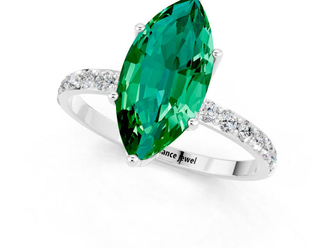 White gold Marquise Cut Emerald Solitaire Engagement Ring with Pavé Band and Prong Setting_1