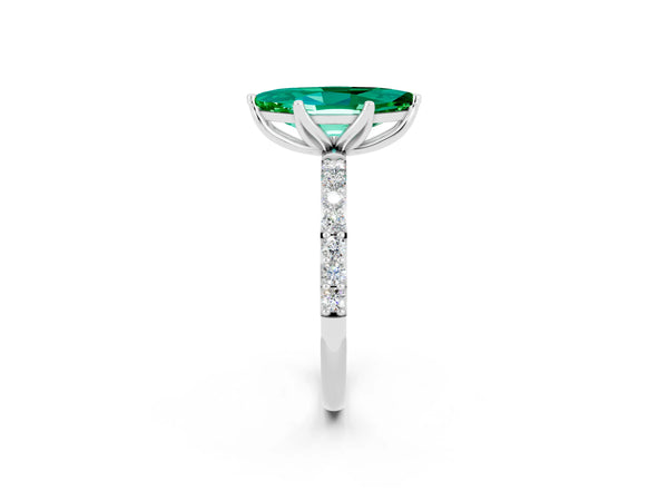 Silver Marquise Cut Emerald Solitaire Engagement Ring with Round  Pavé Band and Prong Setting