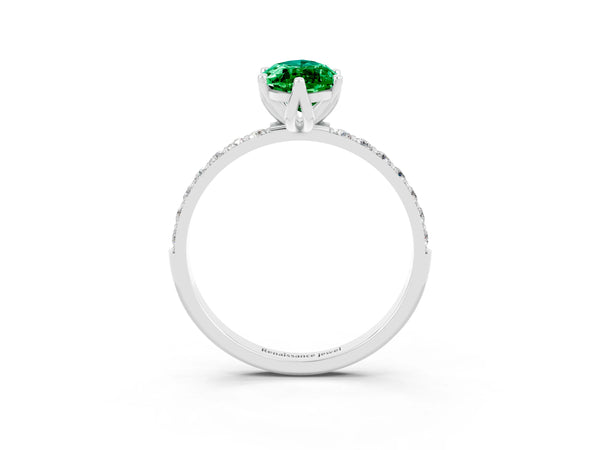 Silver Marquise Cut Emerald Solitaire Engagement Ring with Round  Pavé Band and Prong Setting