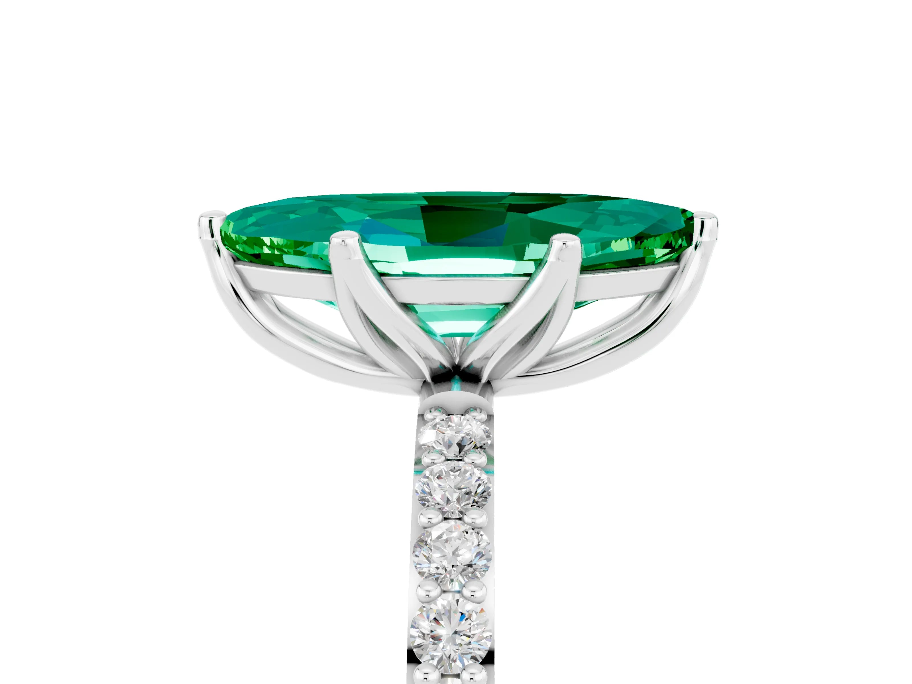 White gold Marquise Cut Emerald Solitaire Engagement Ring with Pavé Band and Prong Setting_5