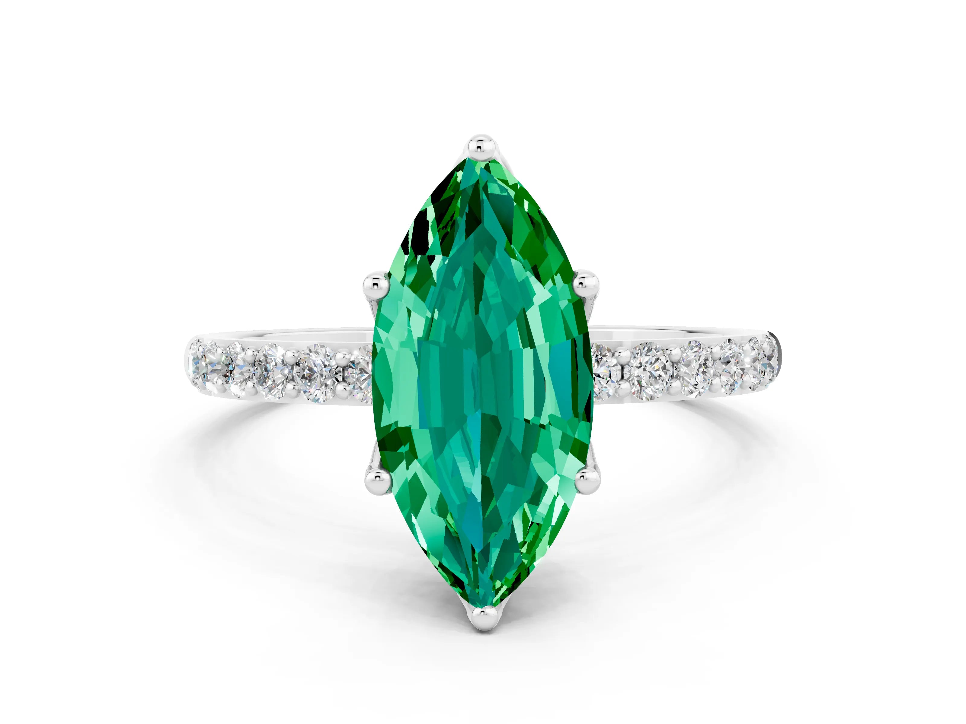 White gold Marquise Cut Emerald Solitaire Engagement Ring with Pavé Band and Prong Setting