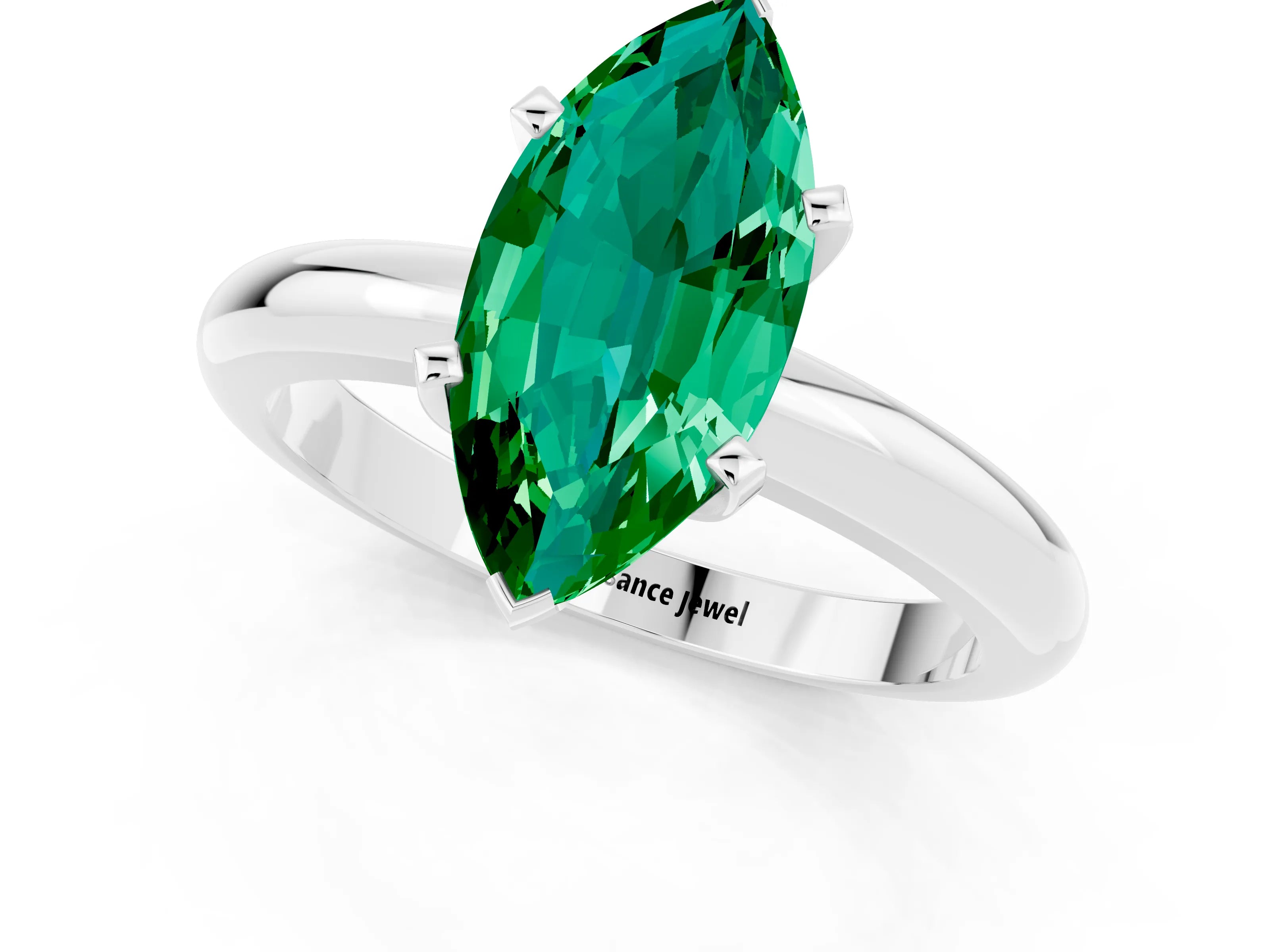 White gold Marquise Cut Emerald Solitaire Engagement Ring with Round Band and Four-Prong Setting_19