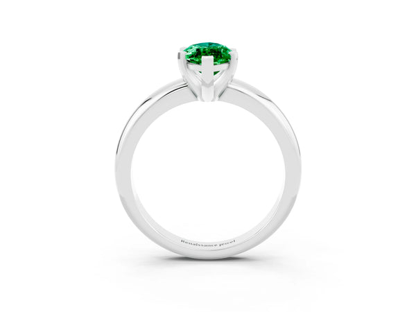 Silver Marquise Cut Emerald Solitaire Engagement Ring with Round Band and Four-Prong Setting