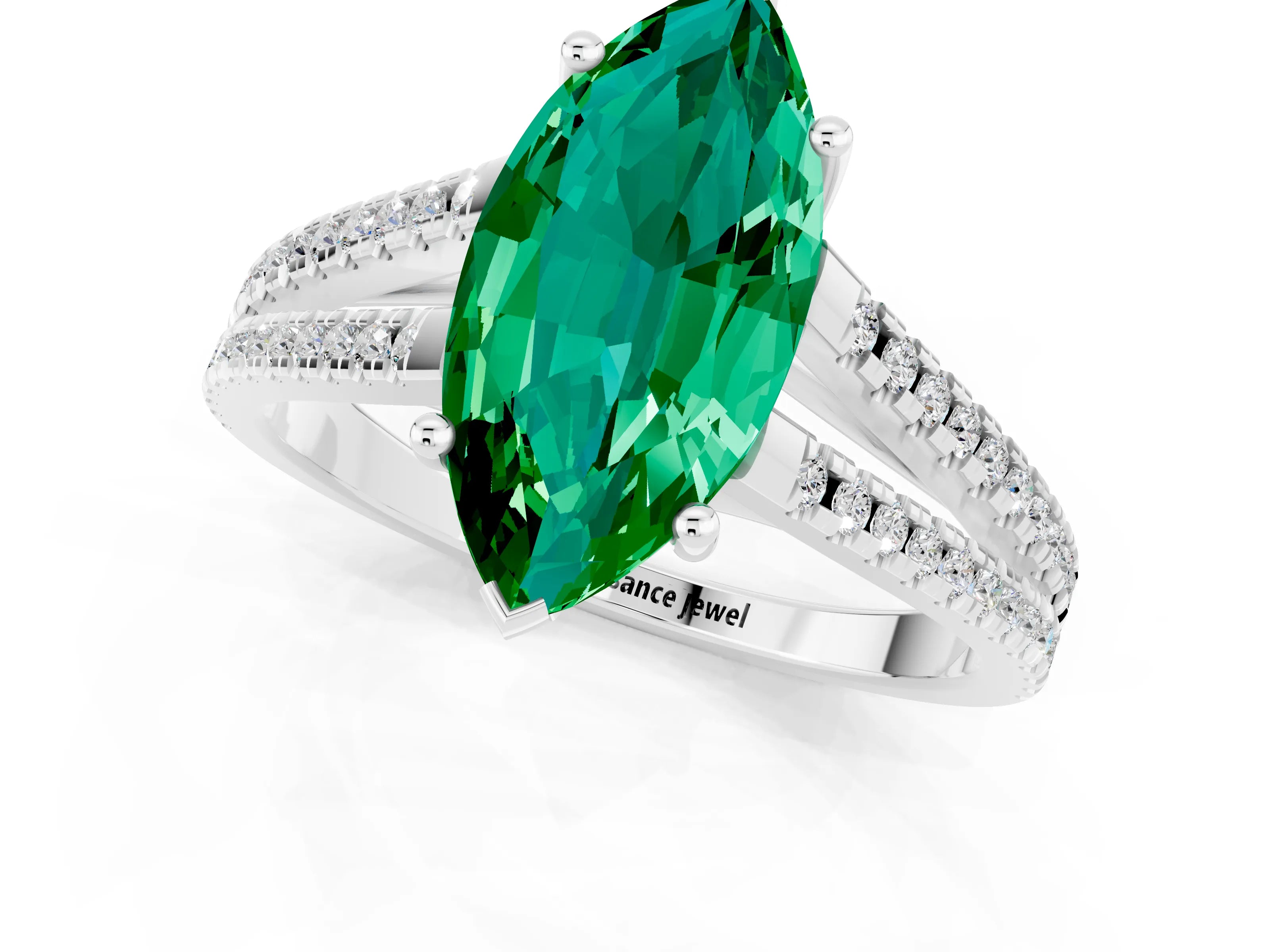 White gold Marquise Cut Emerald Solitaire Engagement Ring with Split Shank Pavé Band_1