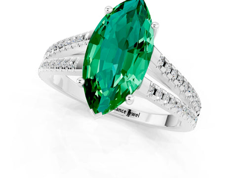 White gold Marquise Cut Emerald Solitaire Engagement Ring with Split Shank Pavé Band_1