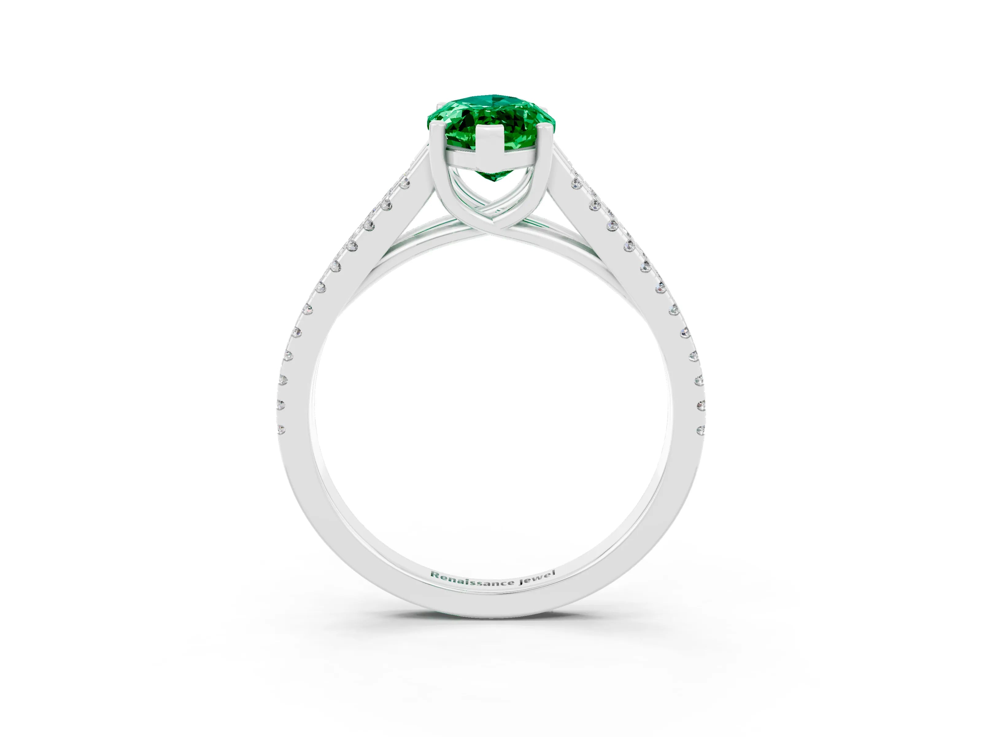White gold Marquise Cut Emerald Solitaire Engagement Ring with Split Shank Pavé Band_3