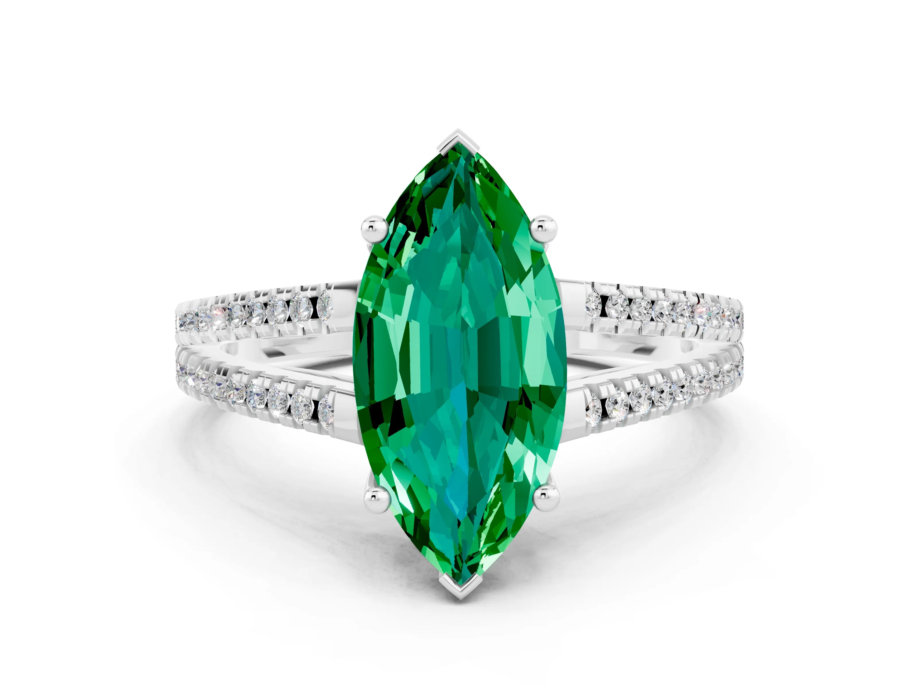 White gold Marquise Cut Emerald Solitaire Engagement Ring with Split Shank Pavé Band