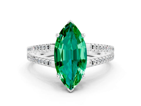 White gold Marquise Cut Emerald Solitaire Engagement Ring with Split Shank Pavé Band