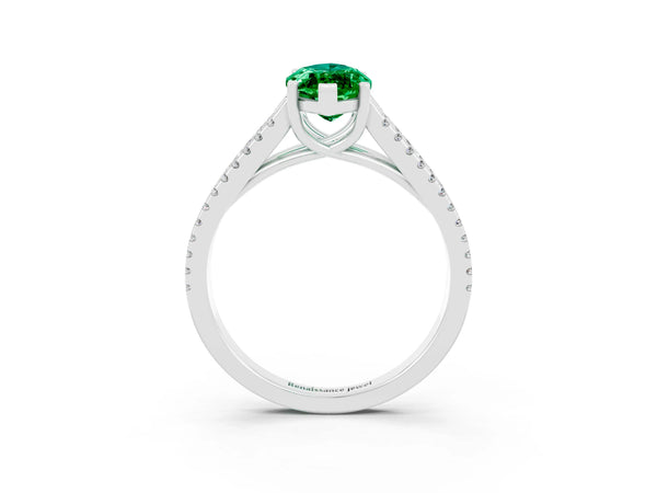 White gold Marquise Cut Emerald Solitaire Engagement Ring with Split Shank Pavé Band