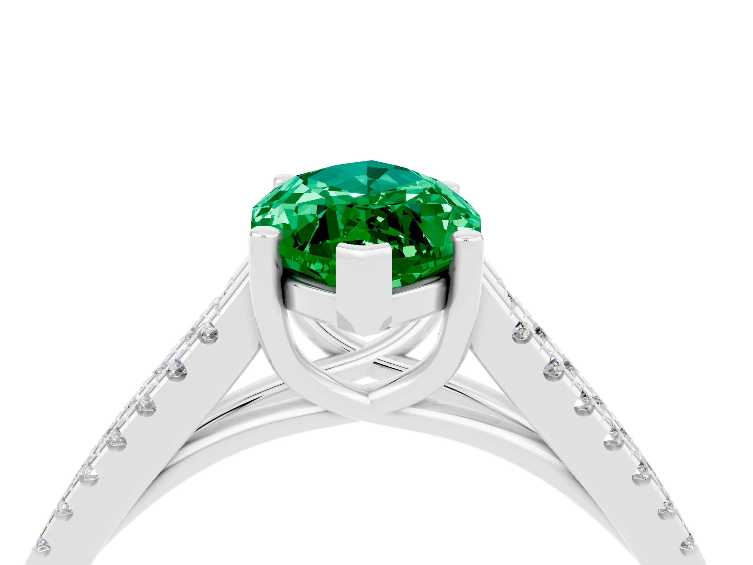White gold Marquise Cut Emerald Solitaire Engagement Ring with Split Shank Pavé Band_4