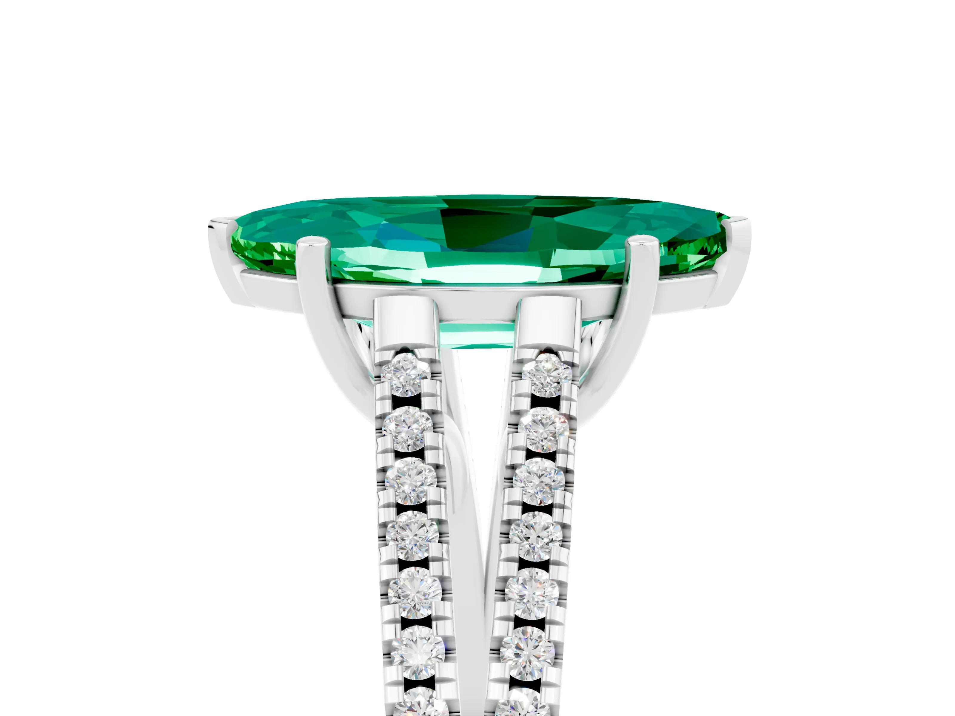 White gold Marquise Cut Emerald Solitaire Engagement Ring with Split Shank Pavé Band_5