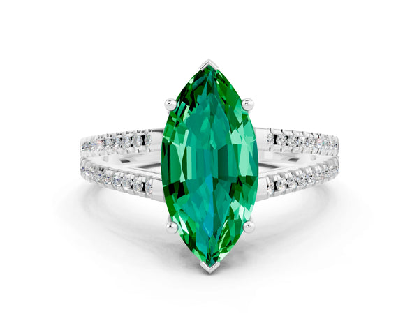 White gold Marquise Cut Emerald Solitaire Engagement Ring with Split Shank Pavé Band