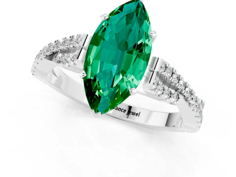 White gold Marquise Cut Emerald Solitaire Engagement Ring with Twisted Pavé Band and Four-Prong Setting_1