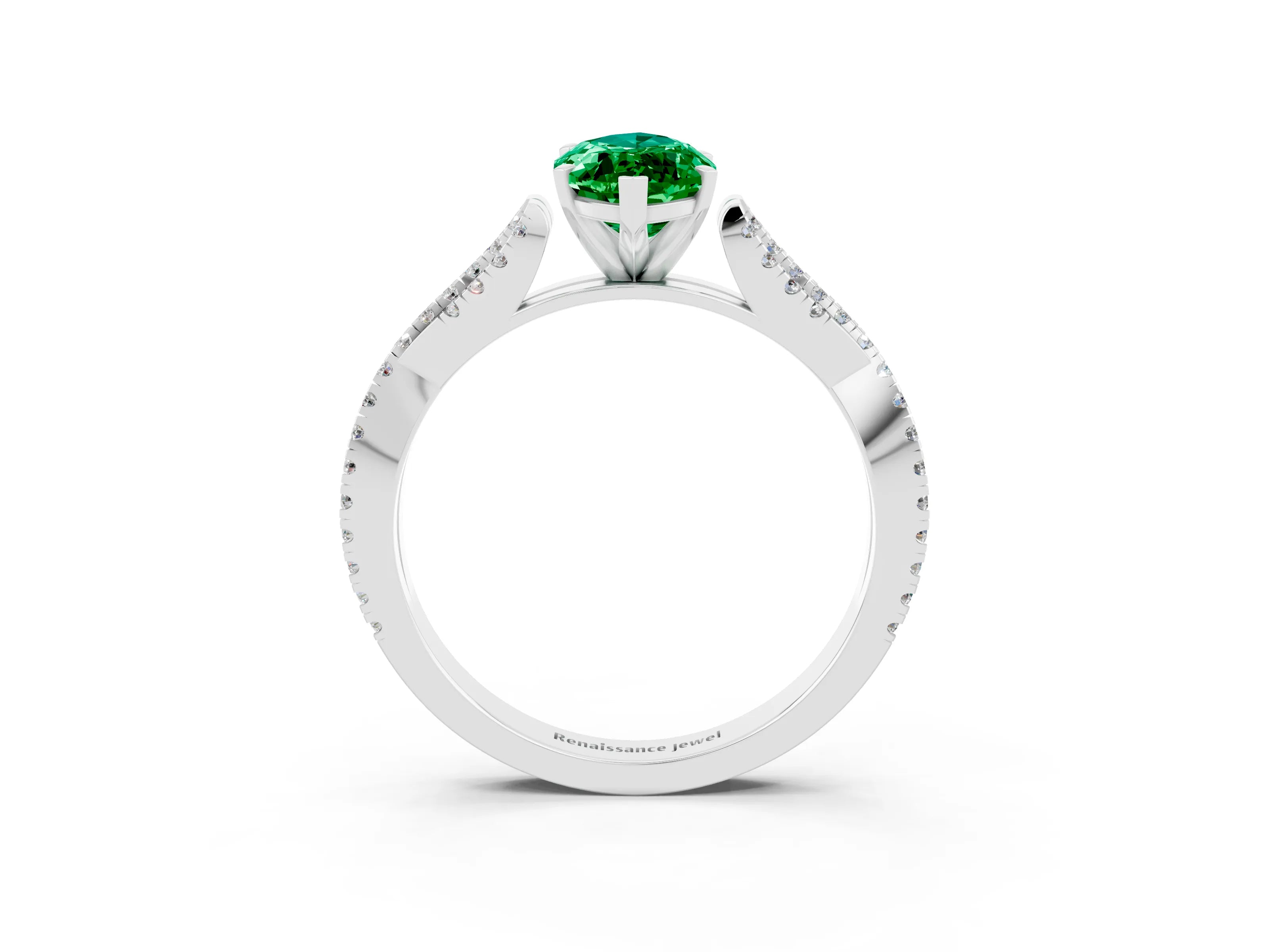 White gold Marquise Cut Emerald Solitaire Engagement Ring with Twisted Pavé Band and Four-Prong Setting_3