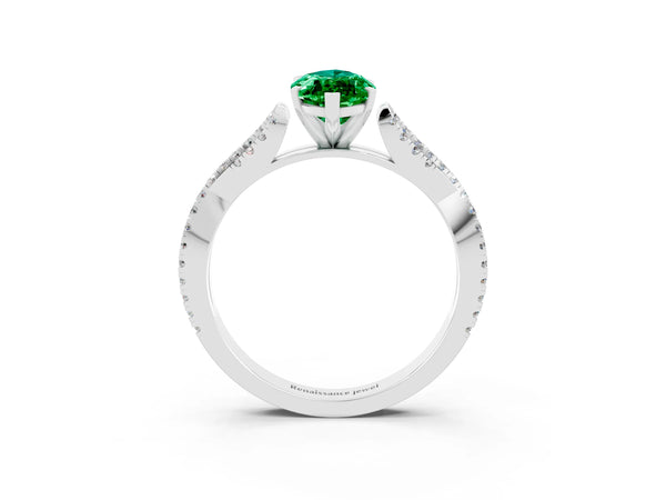 Platinum Marquise Cut Emerald Solitaire Engagement Ring with Twisted Pavé Band and Four-Prong Setting