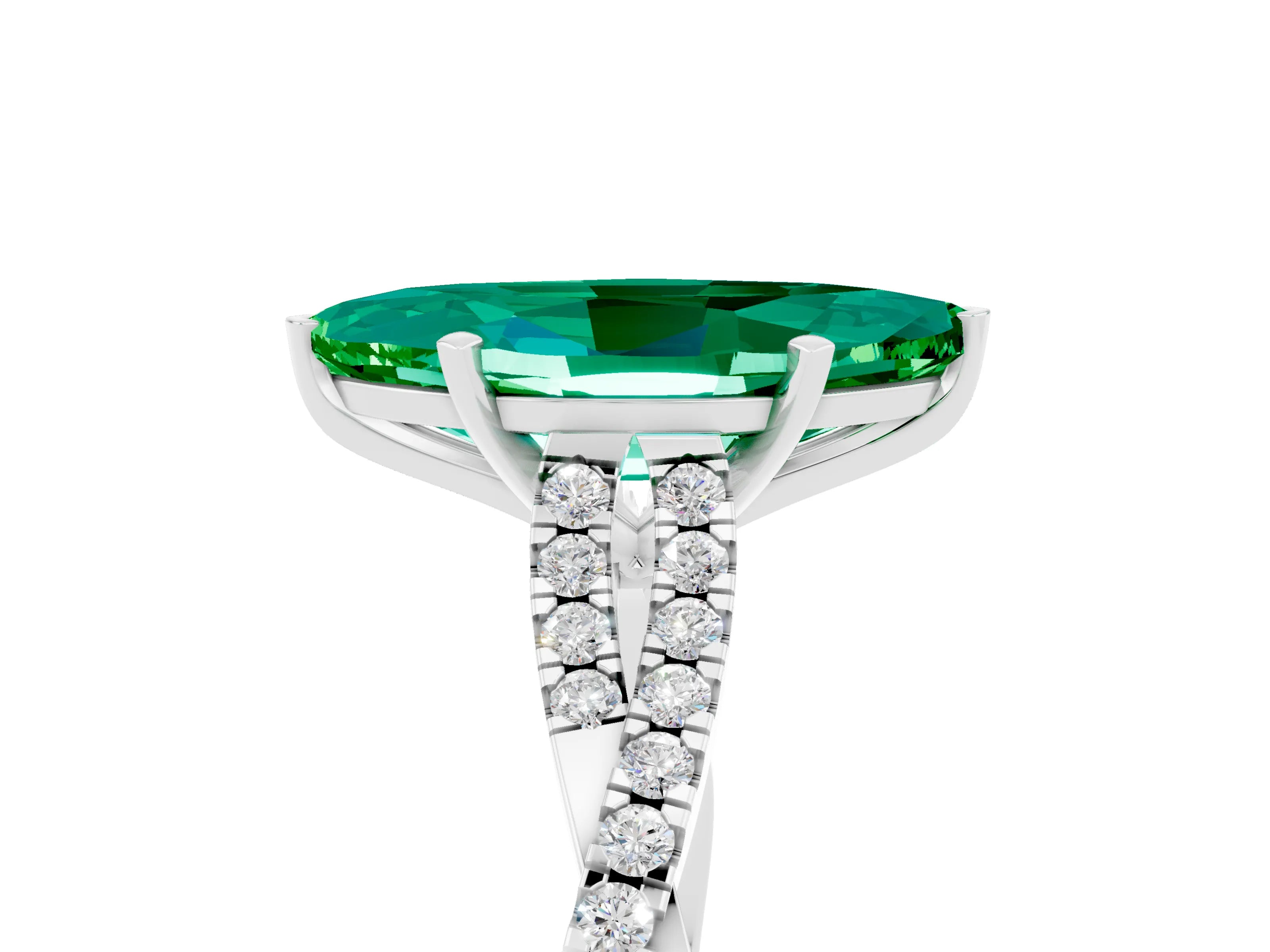 White gold Marquise Cut Emerald Solitaire Engagement Ring with Twisted Pavé Band and Four-Prong Setting_5