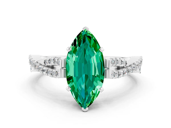 Silver Marquise Cut Emerald Solitaire Engagement Ring with Twisted Pavé Band and Four-Prong Setting