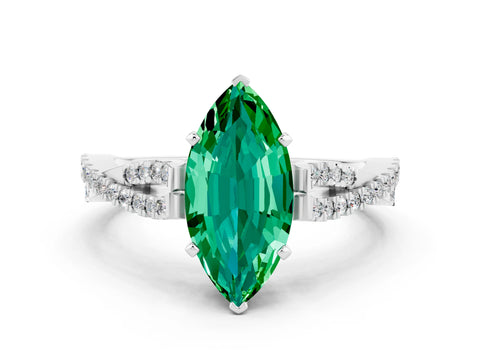 White gold Marquise Cut Emerald Solitaire Engagement Ring with Twisted Pavé Band and Four-Prong Setting