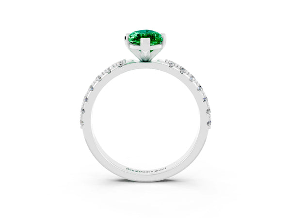 Silver Marquise Cut Emerald Solitaire Pavé Band with Four-Prong Setting