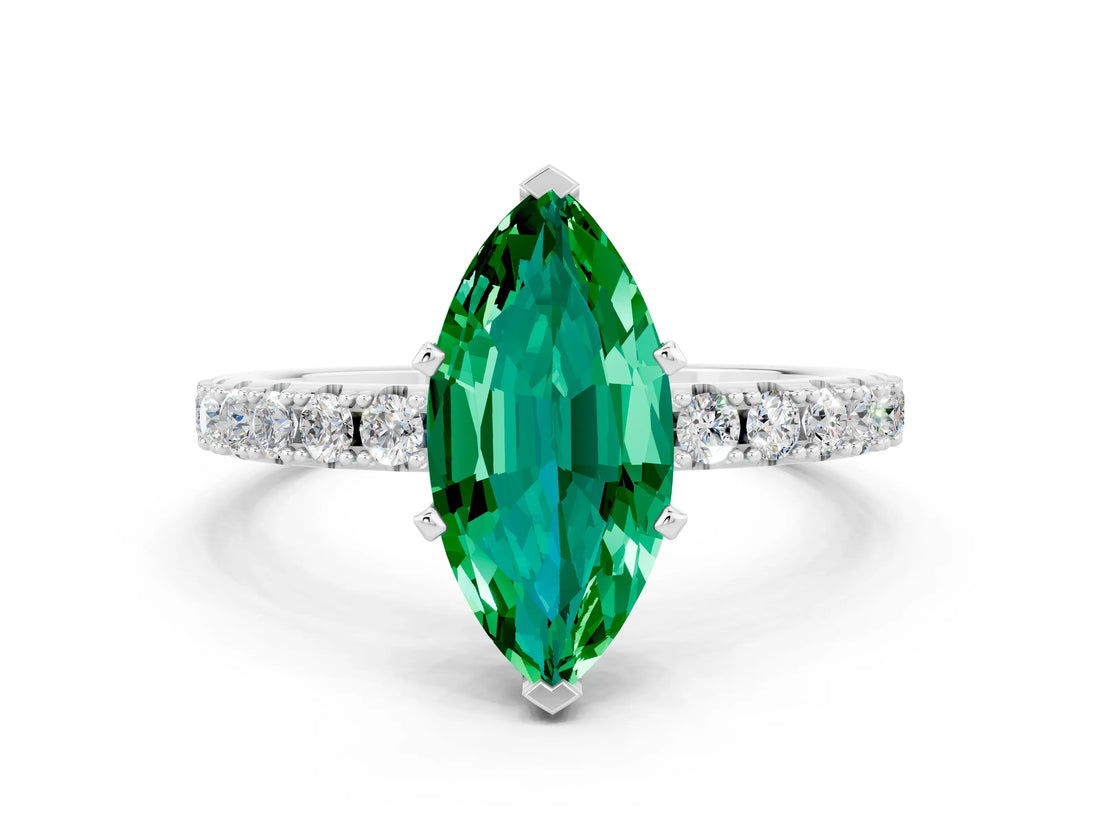 White gold Marquise Cut Emerald Solitaire Pavé Band with Four-Prong Setting